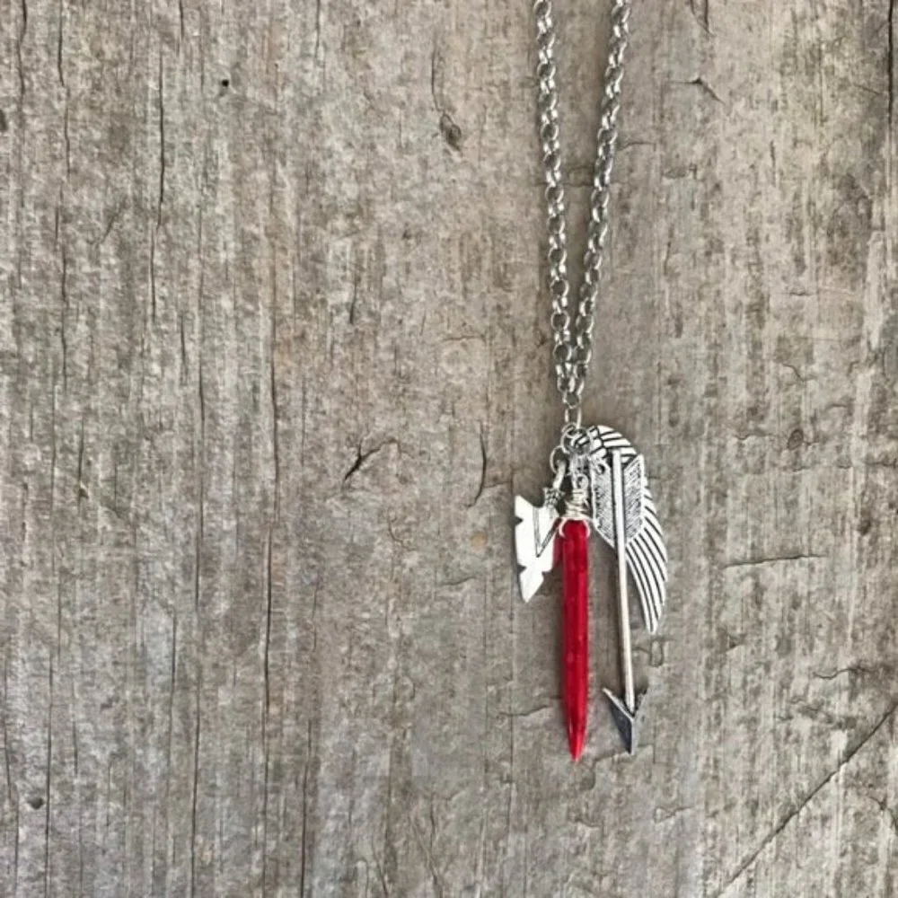 Red Spike Silvertone Charm Necklace - 24 Inch Chain